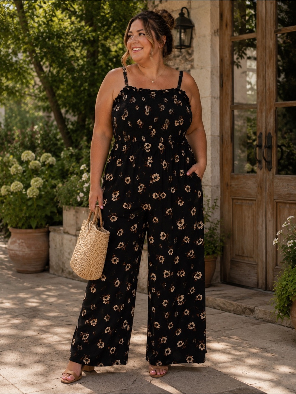 torrid Black Floral Wide-Leg Jumpsuit Pockets Cottagecore Summer